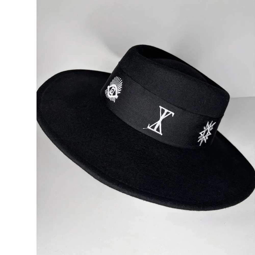 UNIF Relic Hat Women OS Black Wool Occult Embroidered Wide Brim Hat
